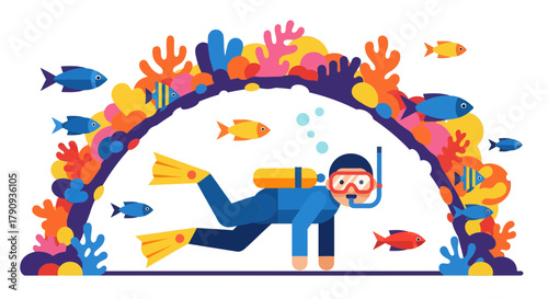 Underwater Exploration: A Vector Illustration Showcasing Diving in a Vibrant Coral Reef