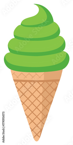 Green soft serve ice cream cone with smooth swirls and a crisp waffle cone