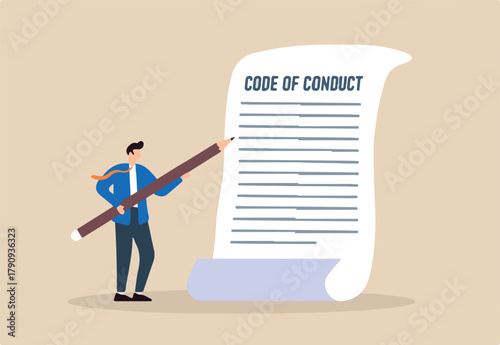 Flat illustration of businessman writes code of conduct document ethical business policy regulation rules work responsibility guideline