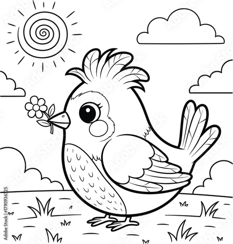 A cute bird with a flower in its beak stands in a field under the sun and clouds, a delightful coloring page for kids and adults alike