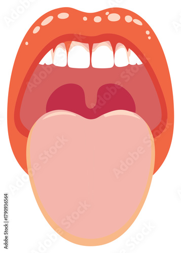 Illustration of an open mouth with a tongue sticking out displaying teeth and uvula