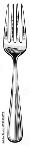 Black and white illustration of a fork isolated on a white background.