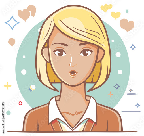 Surprised Woman with Blonde Bob Haircut on Blue Background Surrounded by Hearts and Sparkles