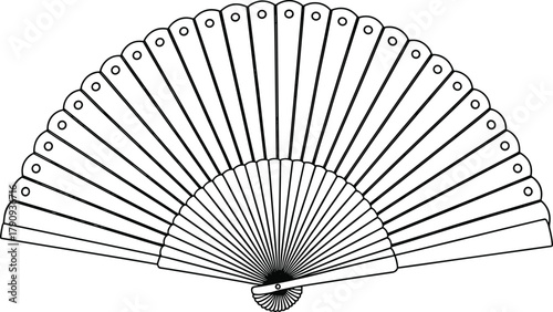 Traditional folding fan, black and white line art, radial symmetry, vintage accessory, Japanese style, elegant design, cultural illustration, minimal decor