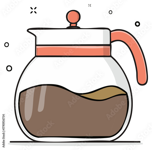 Modern coffee pot filled with dark brew in a clear glass carafe with vibrant coral details graphic