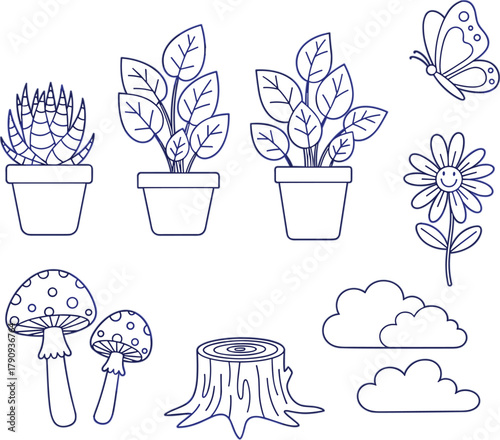 A delightful collection of handdrawn doodles featuring potted plants, mushrooms, a tree stump, clouds, and a butterfly, all