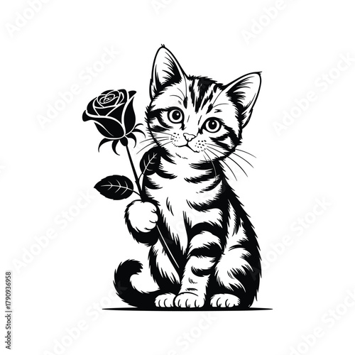 Cute Cat Holding a Rose Black and White Illustration vector
