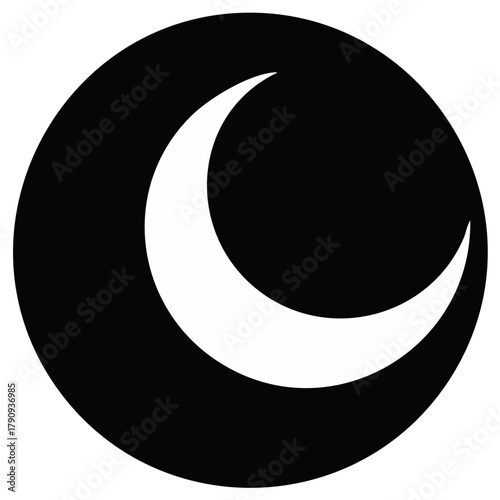 Modern white crescent moon symbol artfully placed within a deep black round shape