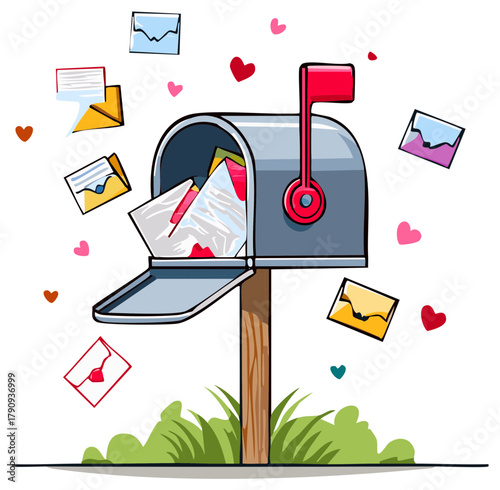 Cartoon mailbox overflowing with love letters and messages surrounded by floating hearts