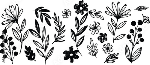 Hand drawn floral elements a charming collection of flowers, leaves, and berries, perfect for adding a touch of nature to your designs