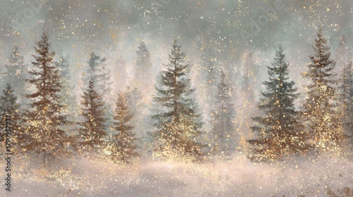 magical forest winter wonderland holiday trees and golden glowing lights christmas card style watercolor abstract artistic enchanted nature woodland background wallpaper backdrop wrapping paper