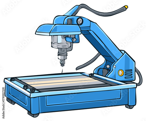 Cartoon illustration of a blue robotic arm 3D printer for modern manufacturing