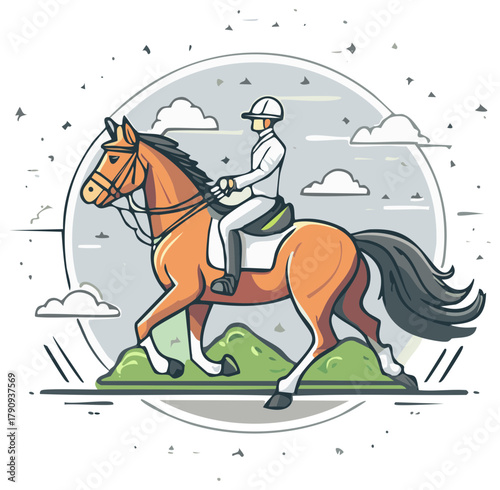 Illustrative Equestrian Rider Galloping on Horseback in Stylized Landscape