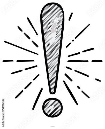 Drawn exclamation point icon with radial lines, warning attention symbol
