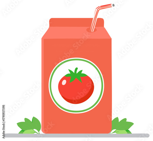 Vibrant red tomato juice carton illustration with straw and fresh green leaves design