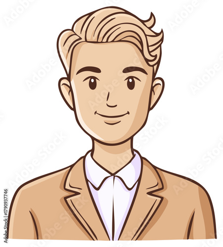 Illustration of a young man in a suit smiling and looking directly at the viewer