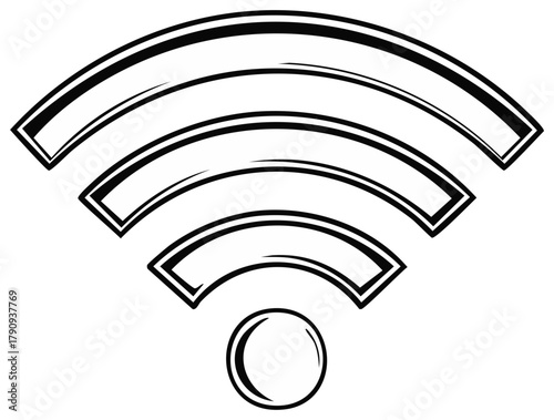 Wi-Fi symbol featuring curved lines and a circle, graphic illustration showcasing wireless connectivity and network connection
