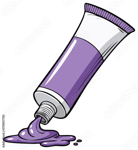Purple paint squeezing from a tube onto a surface with drips and spills