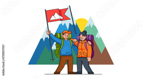 Triumphant Pair Achieves Summit Victory Amidst Majestic Mountain Scenery Celebration