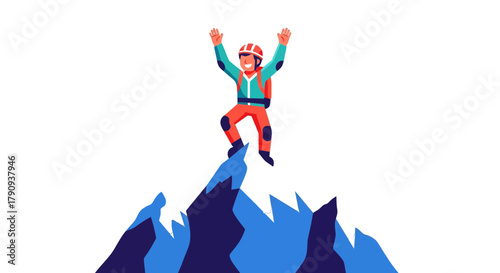 Triumphant Person Celebrates a Successful Mountain Climb against a Stark Black Backdrop
