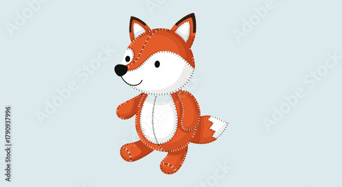 Handcrafted plush fox toy with stitched details on light blue background