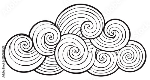 Elegant black and white line art of abstract swirling cloud or smoke design