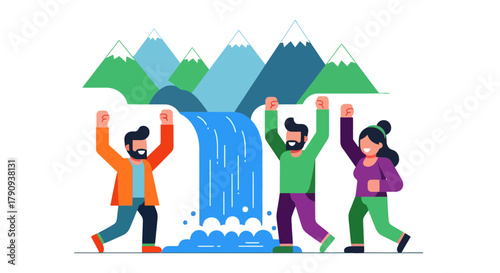 Triumphant Team Celebrating Success Beneath Abstract Mountains and Cascading Waters