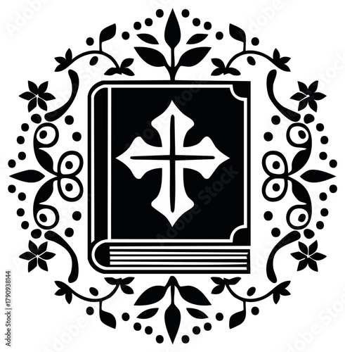 Ornate black and white icon of a Holy Bible with a cross in a floral frame