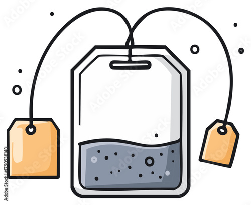 Hand drawn doodle illustration of a teabag steeping with two tags