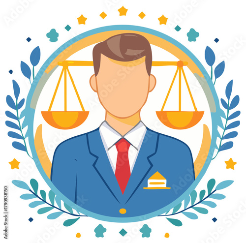 Lawyer or Advocate in Suit with Scales of Justice Emblem and Floral Wreath