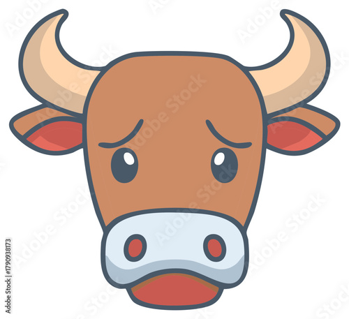 Cute Cartoon Cow Head Character with Sad Worried Expression Flat Design Vector Illustration