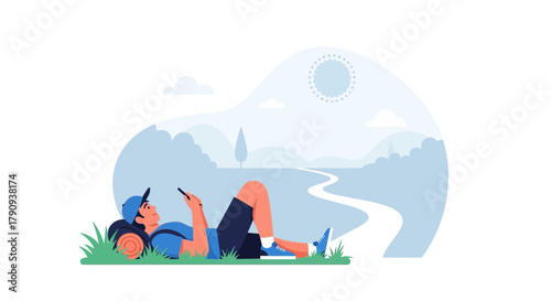 Traveller Relaxing With Smartphone During Hike on a Serene Landscape Adventure