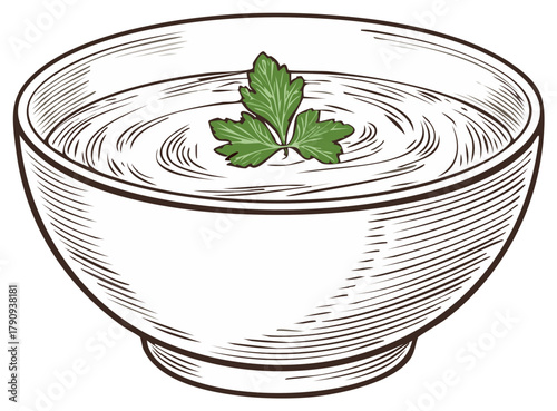 Engraved style illustration of a creamy soup or sauce bowl garnished with fresh green parsley