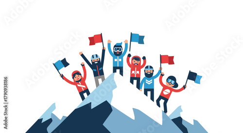 Triumphant Team Celebrating Their Achievement on Mountain Peak with Flags