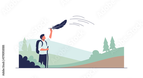 Traveller Holding Feather Illustrating Departure Or Letting Go In Picturesque Landscape Scene