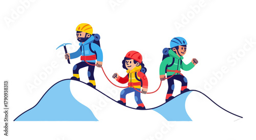 Trio Of Adventurers Climbing Mountain Showing Teamwork And Bravery In Their Climb