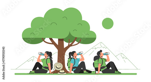 Trio Of Hikers Resting Under A Tree, Rehydrating After A Mountain Trail Adventure