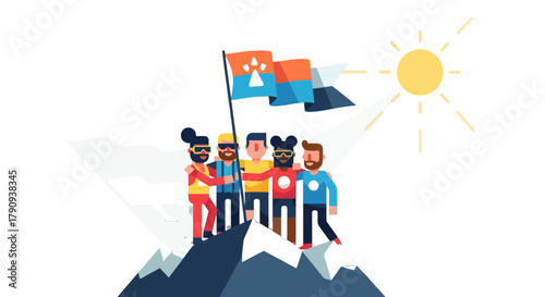 Triumphant Team of Adventurers Celebrates Success, Reaching the Summit Together