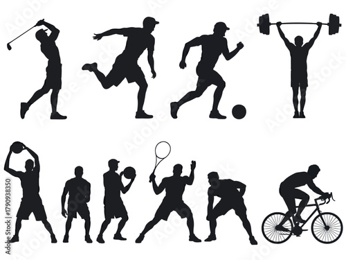 Diverse silhouettes depict various athletes engaged in sports like golf, soccer, and cycling.