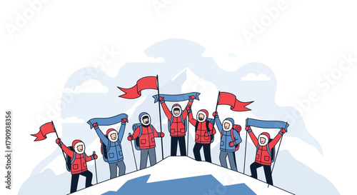 Triumphant Team of Climbers Celebrate Summit Success with Flags and Victorious Flair