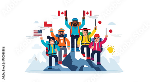 Triumph Of Climbers: Celebrating Victory On Mountain Peaks With National Flags Held High
