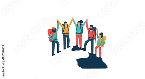 Triumph Of Climbers Reaching Peak, Teamwork Celebration Illustration On Black