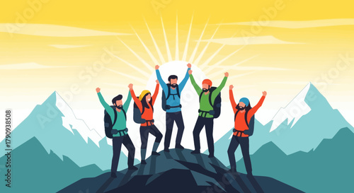 Triumphant Team Rejoices At Summit After Achieving Collective Goal Over Majestic Peaks