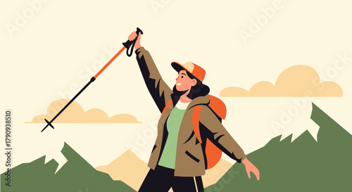 Triumph On The Summit: A Woman Celebrating Hiking Victory In The Mountains