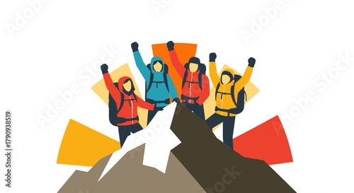 Triumph On The Summit: Four Climbers Celebrate After A Successful Ascent Adventure