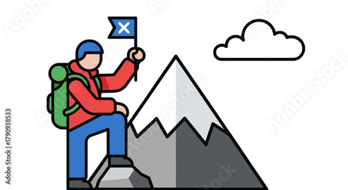 Triumph Over Adversity: Climber's Flag Of Success Above Mountain Peak Imagery