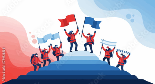 Triumphant Ascent Celebrated By Climbers, Reaching Peak With Flags Up High