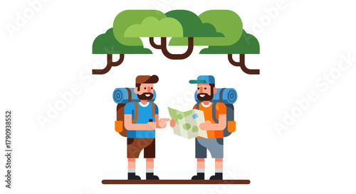 Two Adventurers Planning Their Route While Underneath a Shaded Tree in Nature's Beauty