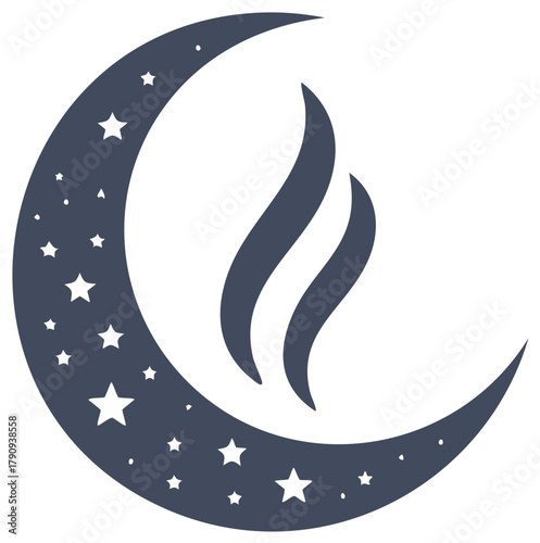 Crescent Moon with Stars and Flames Graphic, Mystical Celestial Illustration