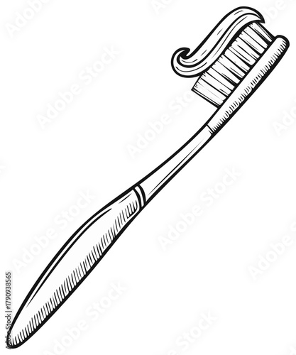 Hand-drawn Toothbrush with Toothpaste,  Outline Vector Illustration for Dental Hygiene and Oral Care